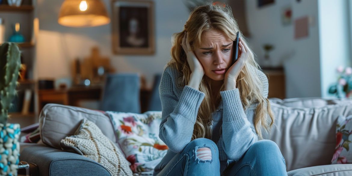 distraught woman on phone for gambling addiction help